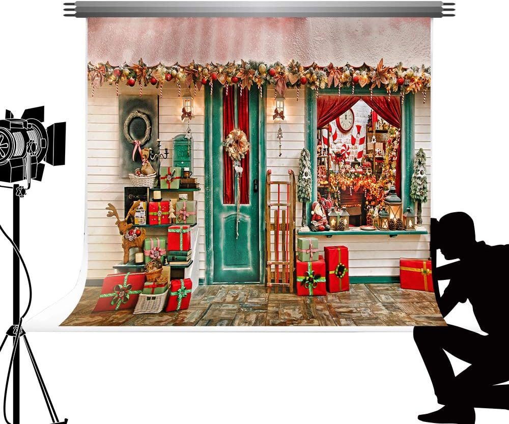 Kate Backdrops 2.2x1.5m Christmas Theme Photo Backdrop Christmas Wooden Shopwindow Photography Background Various Christmas Decorations Backdrops for Photography Studio