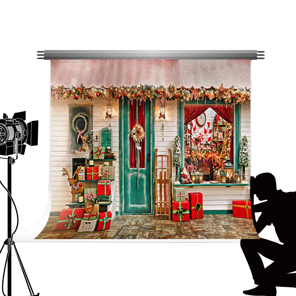Kate Backdrops 2.2x1.5m Christmas Theme Photo Backdrop Christmas Wooden Shopwindow Photography Background Various Christmas Decorations Backdrops for Photography Studio