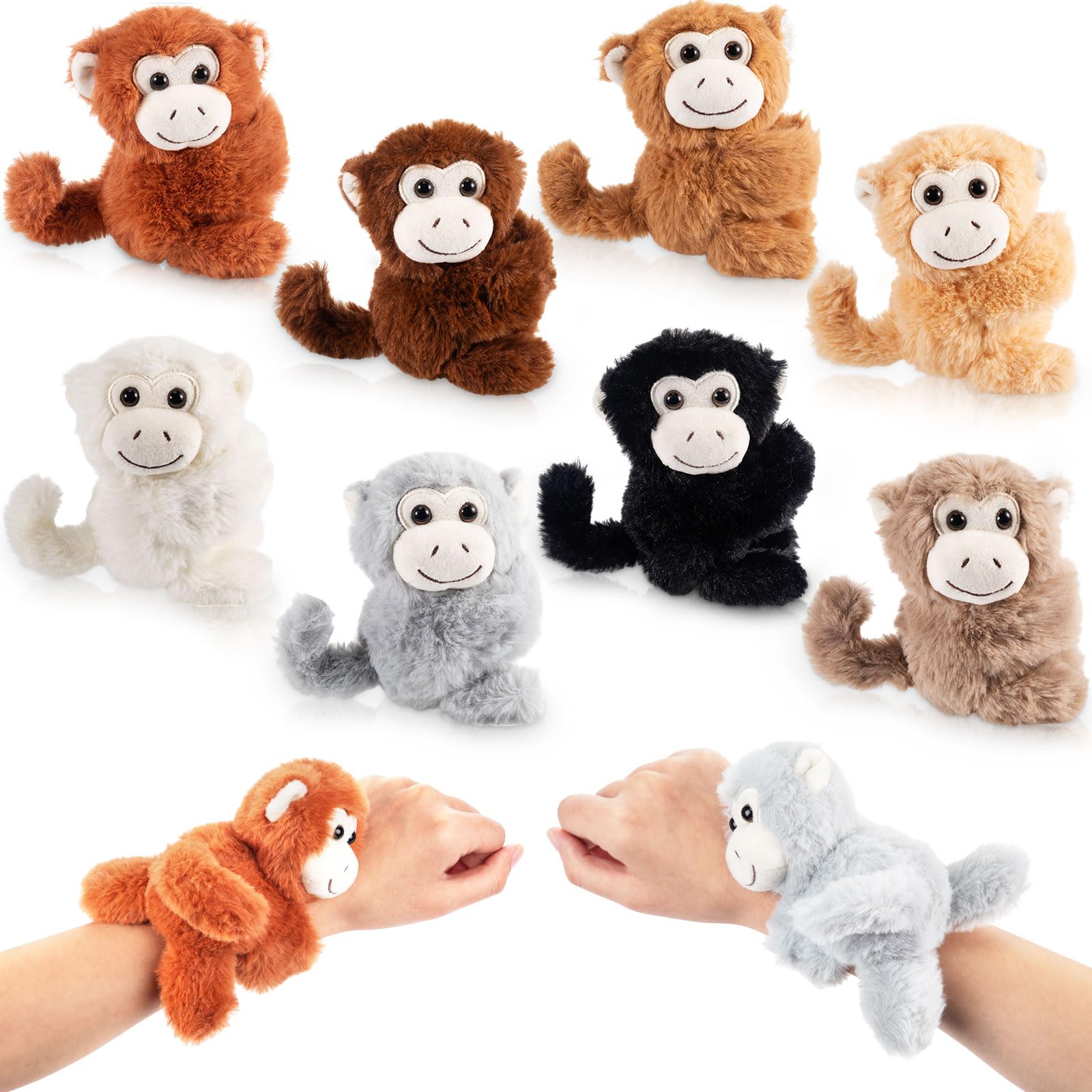Liliful 8 Pack Kids Plush Gifts Easter Stuffed Animal Cat Slap Bracelets - 8 Inch Class Prizes Toys Wrist Band Cute Snap Bracelet Birthday for Boys Girls Child Pet Adoption Party Favors(Monkeys)