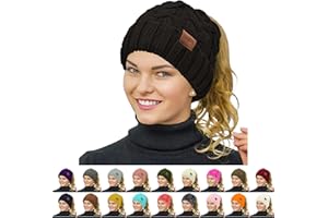 Rosoz Ponytail Beanie for Women,Winter Warm Beanie Tail Soft Stretch Cable Knit Messy High Bun Hat