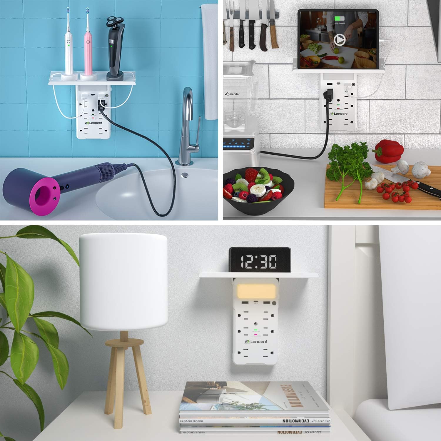 Socket Shelf, LENCENT Surge Protector Multi Plug Outlet Extender Extension with 6 Prong, USB C and Night Light, Type C Wall Charger Adapter Power Strip Multiple Socket Splitter Expander - ETL Listed - - 