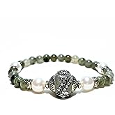Handmade Gemstone Stretch Bracelet for Women – Natural Stone Beads with Clay Accent Bead & Rhinestones – Comfortable Everyday Beaded Jewelry