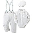 YALLET Baby Boy Clothes Set Infant Tuxedo Long Sleeve Gentleman Suit Outfits + Beret Hat + Suspender Pants + Bowtie 0-18M