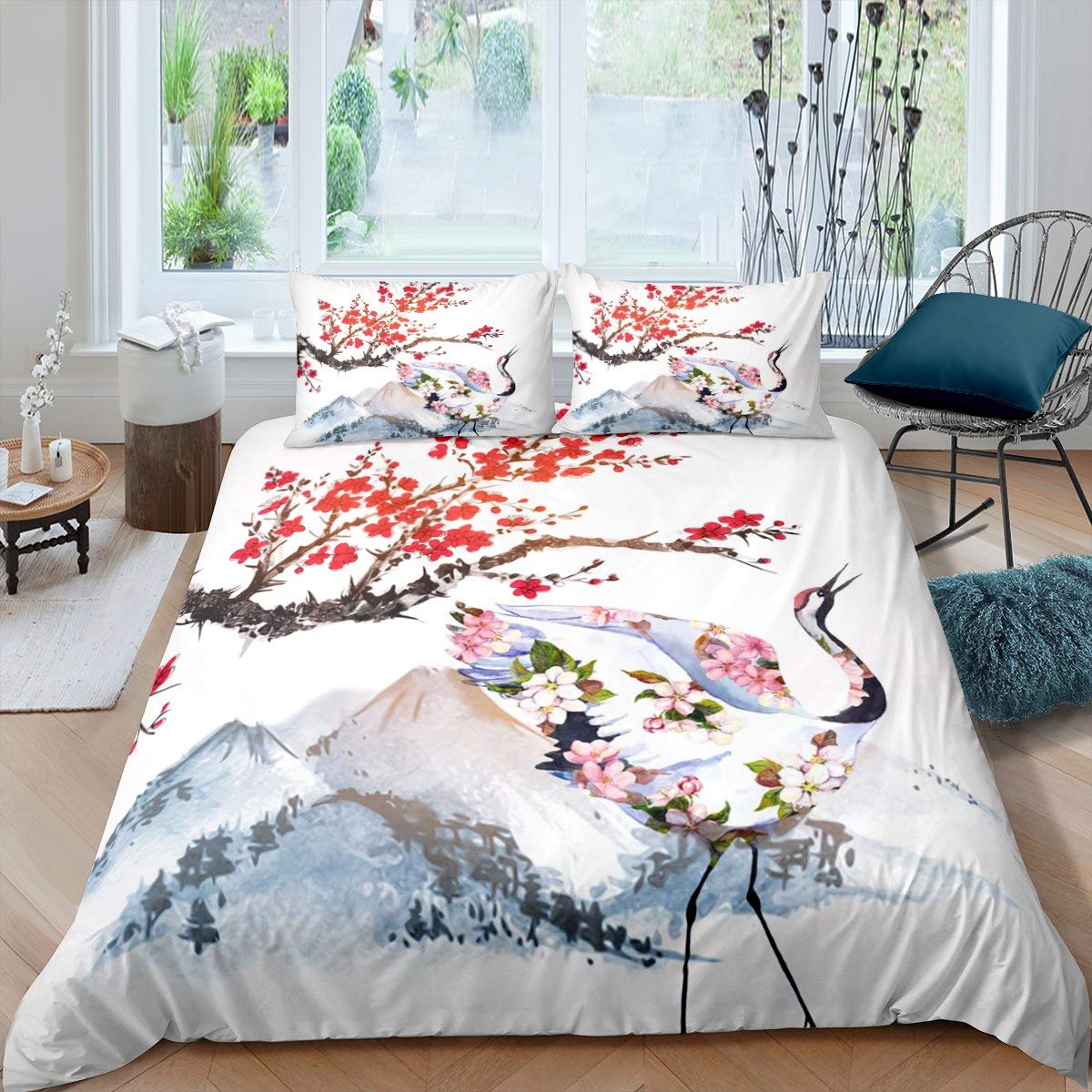 Cherry Blossoms Duvet Cover Japanese-Style Crane Comforter Cover King Size For Girls Women Bedroom Japanese Traditional Bedding Set Mount Fuji Bedspread Cover With 2 Pillow Cases