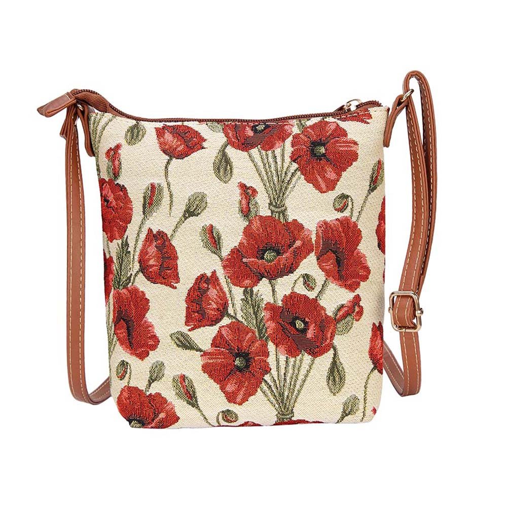 Signare Tapestry Women Lightweight Sling Cross Body Satchel Bag Poppy Flowers (SLING-POP)(Size: S)