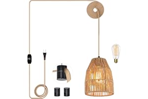 CINKEDA Plug in Pendant Light, Hanging Lights with 15ft Golden Cotton Cord & Stepless Dimming Switch, Handwoven Hemp Rope Lampshade, Boho Hanging Lamp for Bedroom,Hallway (Bulb & 2 Swag Hooks Included)