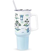 Silver Buffalo Disney Lilo and Stitch Vintage Sketch Palm Trees and Flowers Double Walled Stainless Steel Tumbler with Handle and Straw, Fits in Standard Cup Holder, 40 Ounces