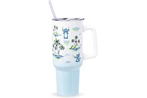 Silver Buffalo Disney Lilo and Stitch Vintage Sketch Palm Trees and Flowers Stainless Steel Tumbler with Handle and Straw, Fits in Standard Cup Holder, 40 Ounces