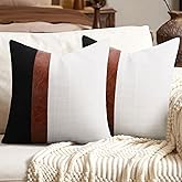 Adabana Linen Check Pillow Covers 18x18 Neutral Faux Leather Patckwork Throw Pillow Covers Set of 2 Modern Farmhouse Decor for Couch Sofa Bedroom Living Room,White and Black