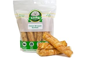 LUCKY PREMIUM TREATS Chicken Wrapped Rawhide Dog Treats for Medium Dogs – 32ct. Rawhide Chew Sticks – Limited Ingredient Long Lasting Chews Made in The USA with Natural Chicken and Beef Hide Twists