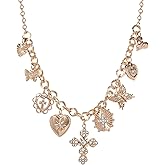 Jessica Simpson Gold-Tone Charm Necklace for Women 18"+3" with Butterfly, Cross, and Heart Charms - Valentines Gifts for Her