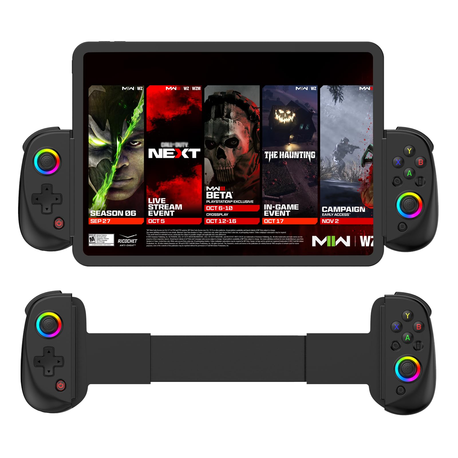 Game Controller for iPad/Tablet, Mobile Wireless Gamepad for iPhone Bluetooth RGB Telescopic Joystick for Android/iOS/PC/Smart Phones for 13-25cm Perfect works for COD/Genshin, Direct Play (black)