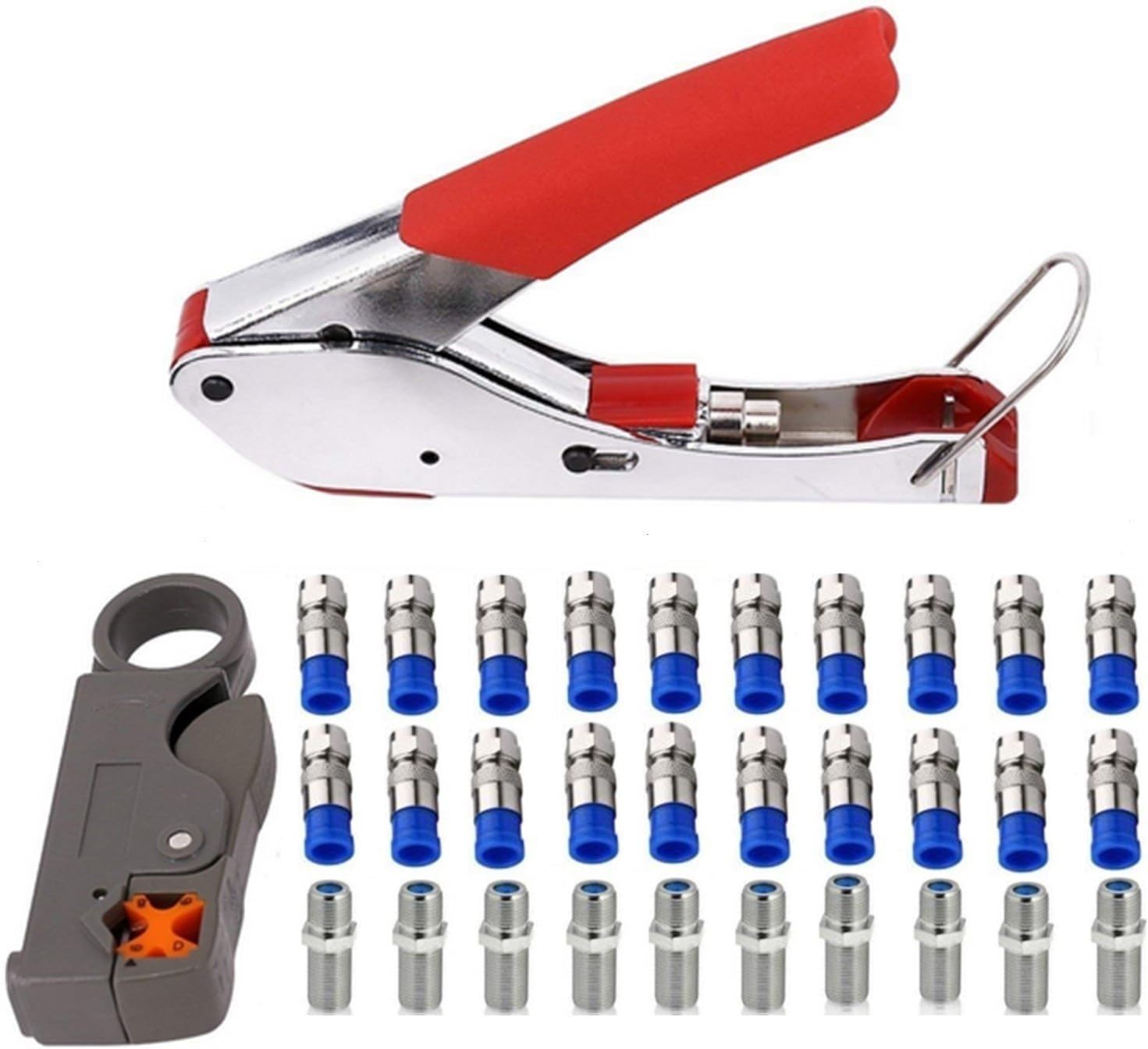 Coax Crimper Tool Kit Coaxial Compression Stripping Tool Cable Wire Stripper with 20 PCS F Male and 10 PCS Female to Female RG6 Connectors