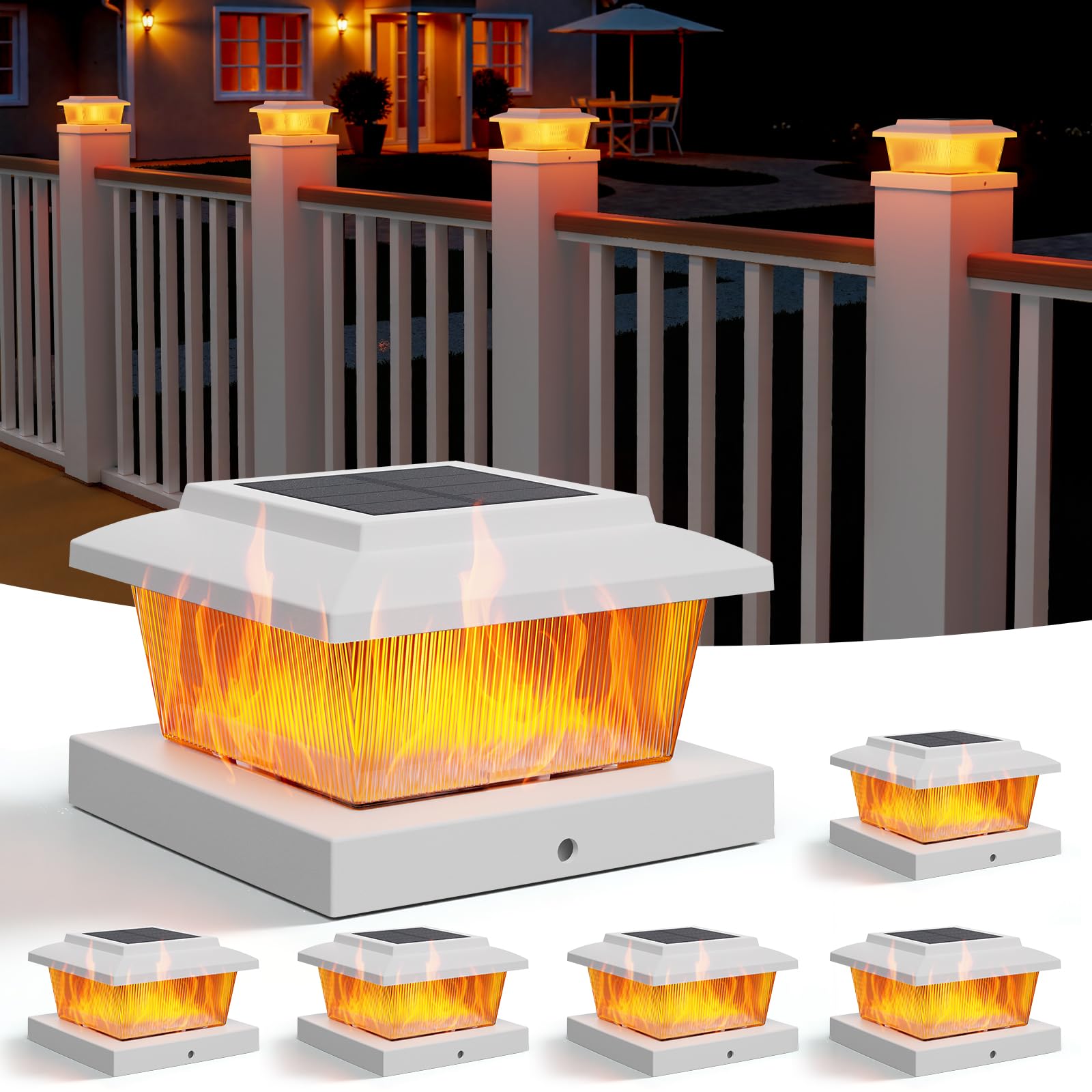Photo 1 of APONUO 6 Pack Solar Flame Post Cap Lights, Flickering Flame & Warm White Modes, IP64 Waterproof SMD LED for 4x4 5x5 Wood/Vinyl Posts, Auto On/Off Solar Powered, Outdoor Deck Yard Fence Decor, White
