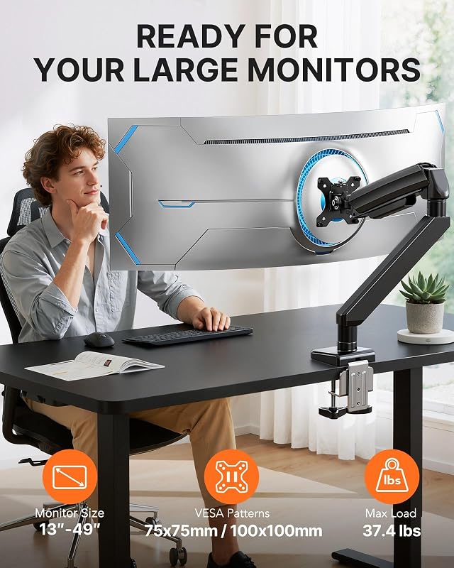 Braccio per monitor singolo per schermi ultra larghi da 33 a 49 pollici, portata 17 kg, supporto da scrivania per monitor da gioco con supporto solido come roccia, supporto VESA resistente