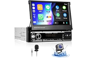 SIXTOP Single Din Car Stereo with Wireless Carplay Android Auto FM/AM/RDS Receiver 7 inch Flip Out Touchscreen Retractable Sc