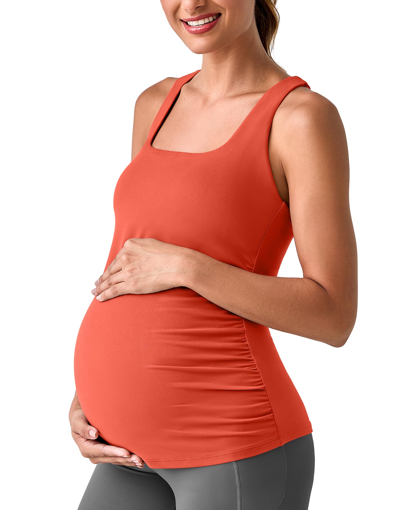 Photo 1 of G4Free Maternity Workout Clothes Removable Pad Pregnancy Athletic Tank Tops Square Neck Soft Workout Cami Tanks for Yoga(Rust Orange,XL)