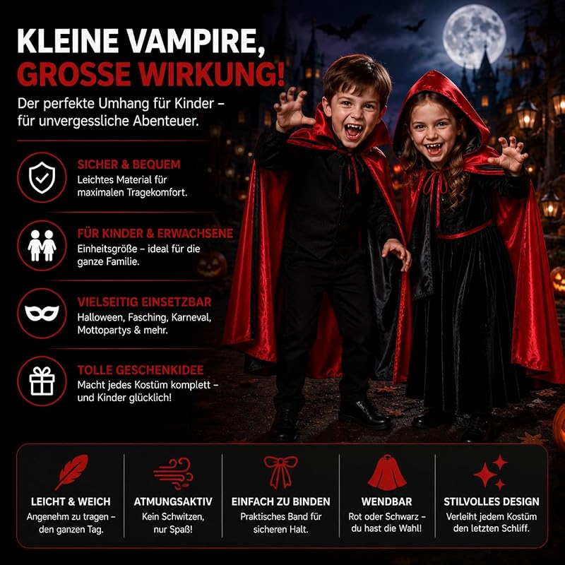 Umhang rot & schwarz mit Kapuze - für Halloween & Fasching & Karneval Vampir Kostüm für Kinder & Erwachsene, Beidseitig — Foto 7 von 8