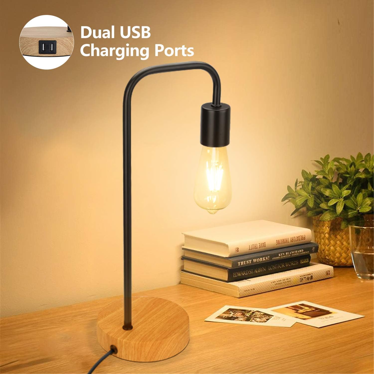Touch Control Table Lamp, USB Desk Lamp, 3 Way Dimmable Modern Nightstand Lamp with Two USB Charging Ports for Bedroom, Living Room, Office, Dimmable Vintage 6W ST64 E26 LED Bulb Included: Home & Kitchen