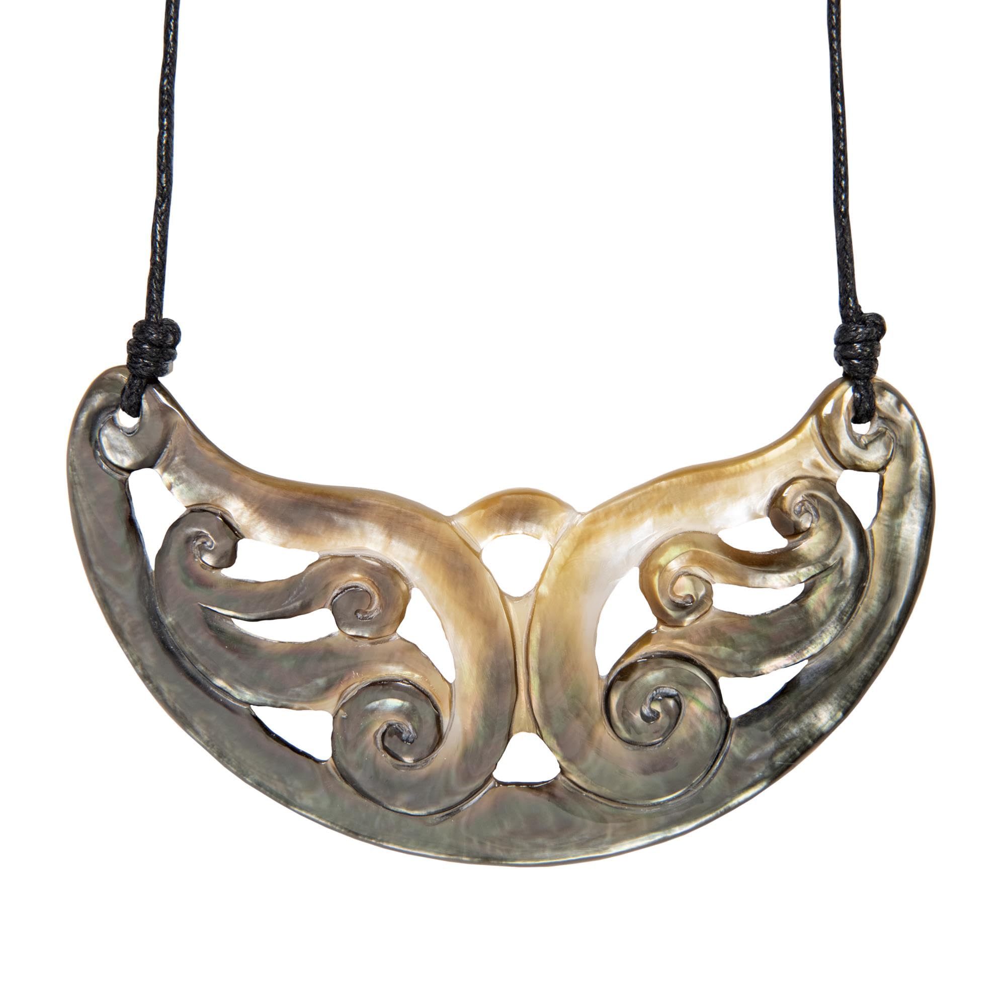 81stgeneration Hand-Carved Mother-of-Pearl Breastplate Necklace With Spiral Openwork - Large Semi-Circle Pendant With Maori Koru Pattern - Statement Cord Necklace for Women - Handmade Tribal Jewellery