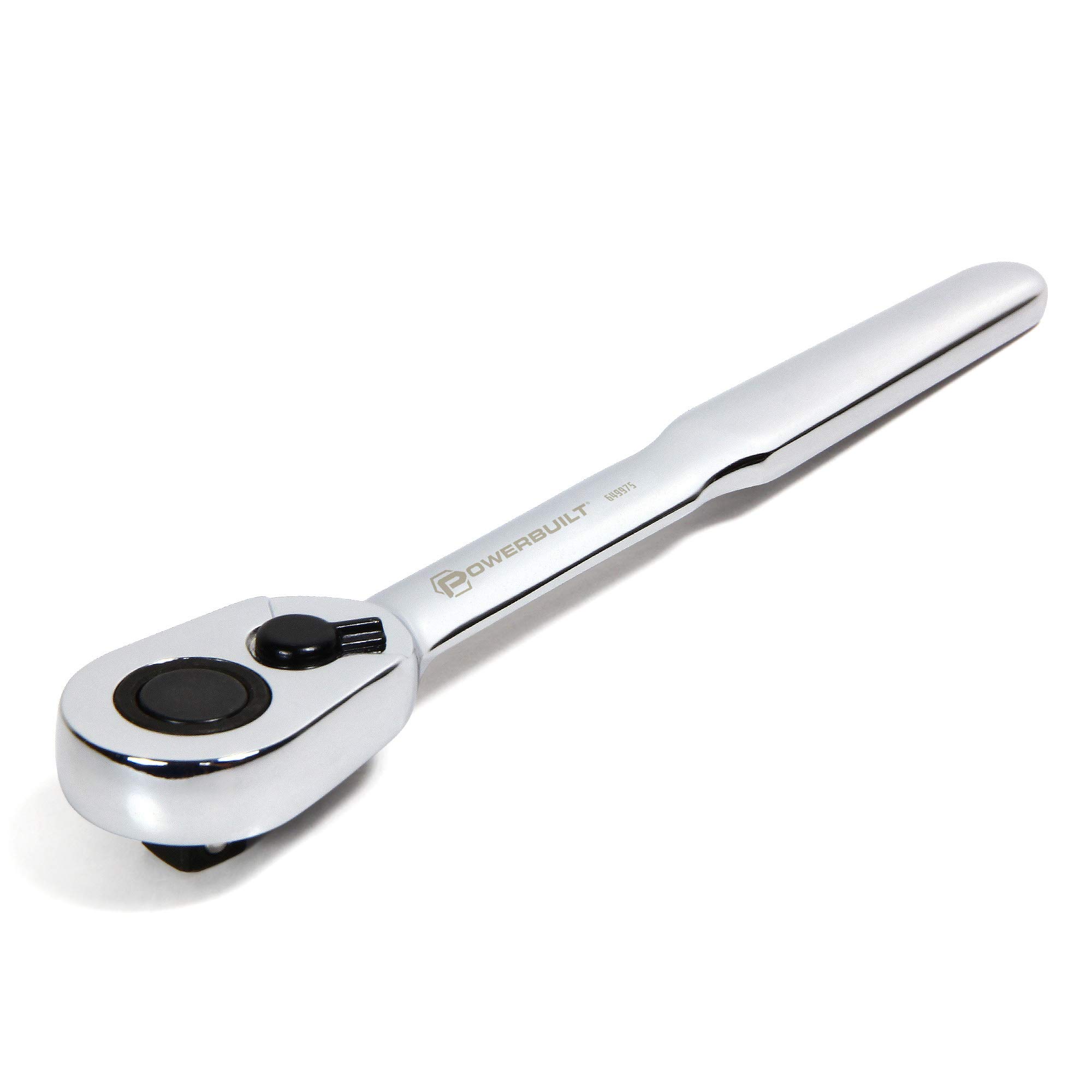 Photo 1 of Powerbuilt Low Profile Ratchet, 3/8 Inch Drive, Slim Design Tight Spaces, Quick Thumb Button Socket Release, 649975, Silver