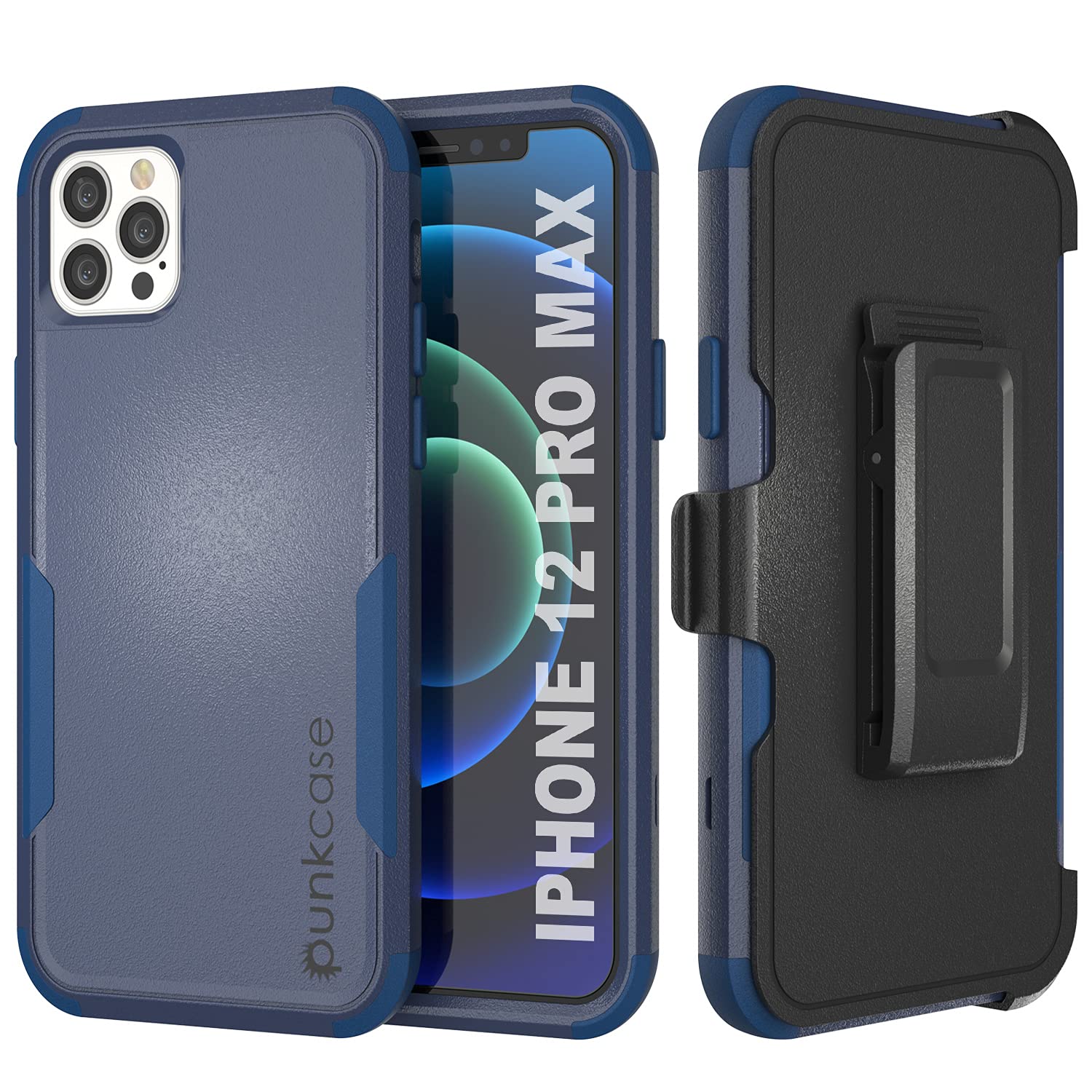 Punkcase for iPhone 12 Pro Max Belt Clip Holster Case [Patron Series] 4-1 Rugged & Protective Multilayer Phone Cover W/Integrated Kickstand for iPhone 12 Pro Max (6.7") (2020) [Navy]