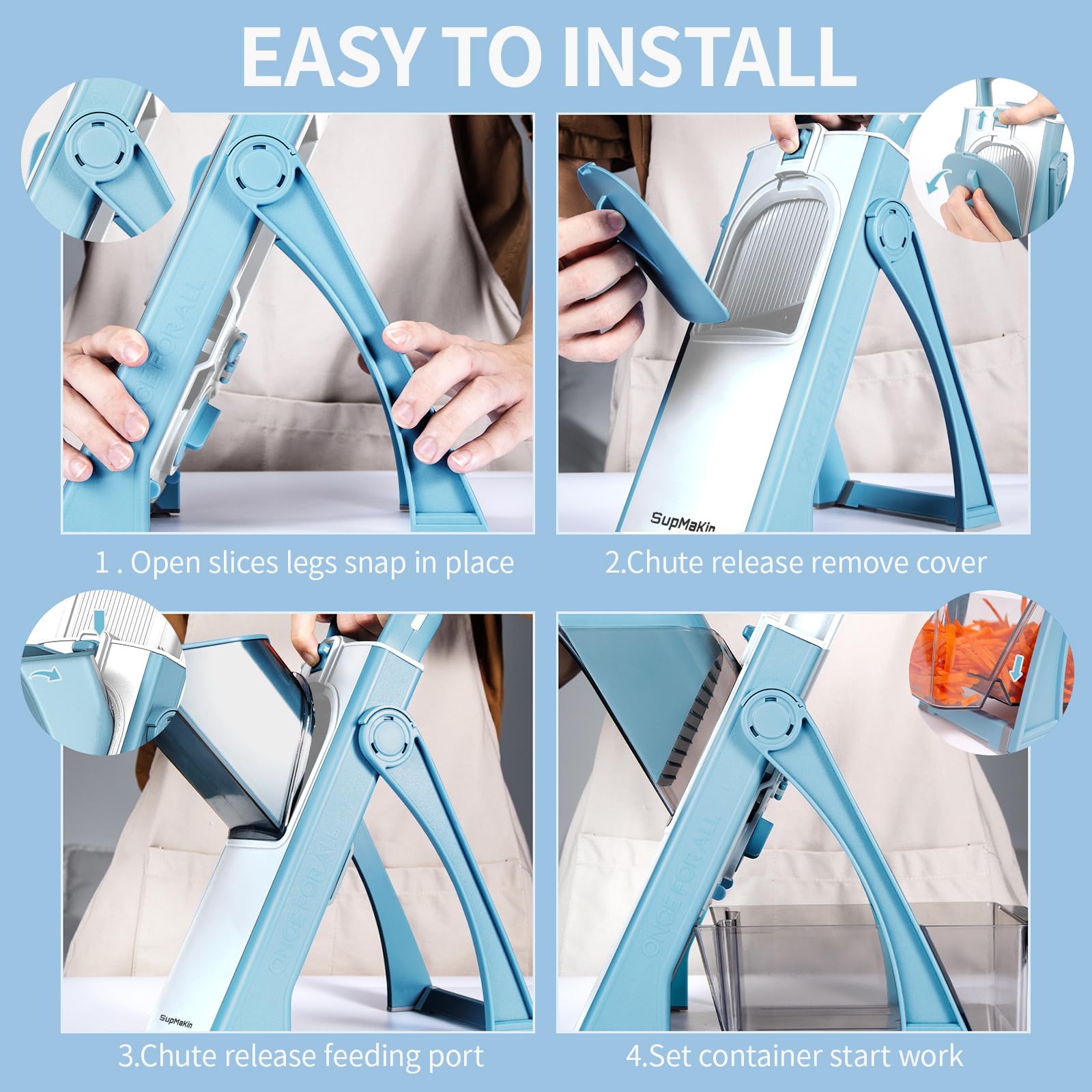 Upgrade Safe Mandoline Slicer Plus for Kitchen, SupMaKin Bigger Port Vegetable Food Potato Chopper, Adjustable Thickness, Julienne & Dicer With Vegetable Spiralizer (LightBlue)