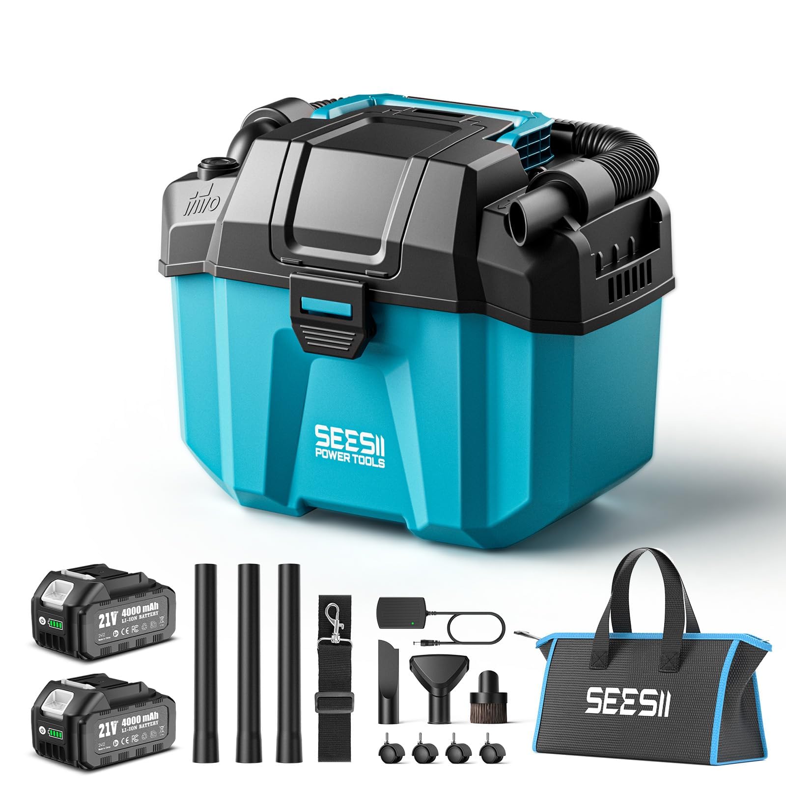 Photo 1 of Seesii Cordless Shop Vac Wet and Dry, 2.6 Gallon Small Shop Vac with 2 x 4.0Ah Batteries, 3-in-1 Wet Dry Vacuum with HEPA Filter, Strap, Accessories Storage Bag, Ideal for Garage, Car, Workshop, House