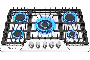 30 Inch Gas Cooktop, TOPWISH Gas Stove Top with 5 High Efficiency SABAF Burners, 41400 BTU, NG/LPG Convertible 304 Stainless Steel Built-in Propane Stovetop with Thermocouple Protection, 120V AC