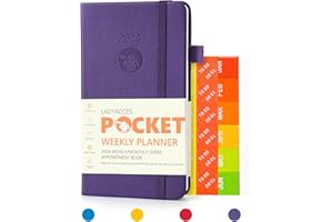 2024 Pocket Calendar by LADYACCES 2024 Weekly and Monthly Planner for Purse, Small Agenda 2024 with Vegan Leather Hard Cover, Elastic Closure, Inner Pocket, Pen Hold, Book Markers - 3.5" x 6" - Purple