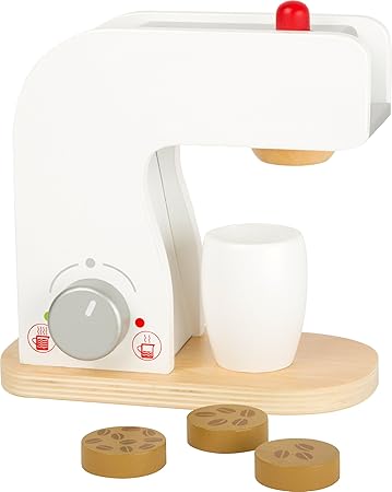 Small Foot 10593 Kaffeemaschine aus Holz mit Dreh-und Druckknöpfen sowie Kaffeetasse und Holzplättchen mit Kaffeebohnen-Ausdr