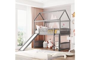 LostCat Twin Size Loft Bed with Slide, House Shaped Solid Pine Wood Bed Frame w/Safety Guardrail & Ladder, No Box Spring Needed, Save Space Design, for Kids, Teens, Girls, Boys, Gray
