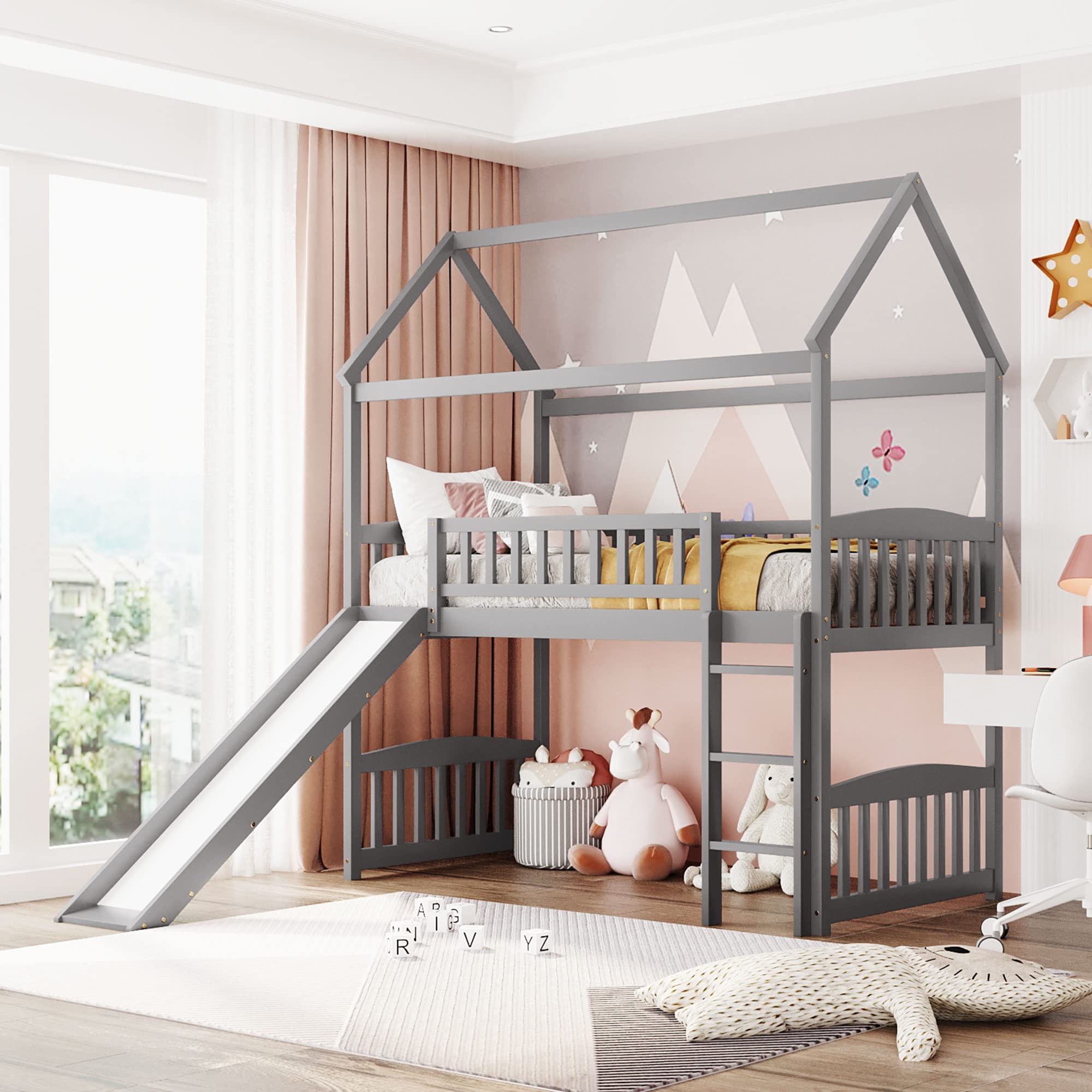 Toddler Loft Bed Wood Twin Size House Shaped Loft Bed With Slide