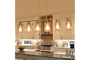 KPIOK Kitchen Island Lighting, 6-Light Modern Dining Room Light Fixture Over Table,44.3'' Vintage Farmhouse Gold Linear Chandelier, Industrial Pendant Lights for Kitchen Island with Clear Glass Shade