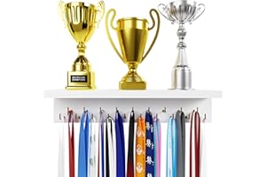 EVERMORE Medal Hanger Display and Trophy Shelf with Hooks - Wooden Medal Holder for Wall Mount Ribbon Display, Trophy Display Shelf for Gymnastics, Soccer, Running Race Medals Awards Rack
