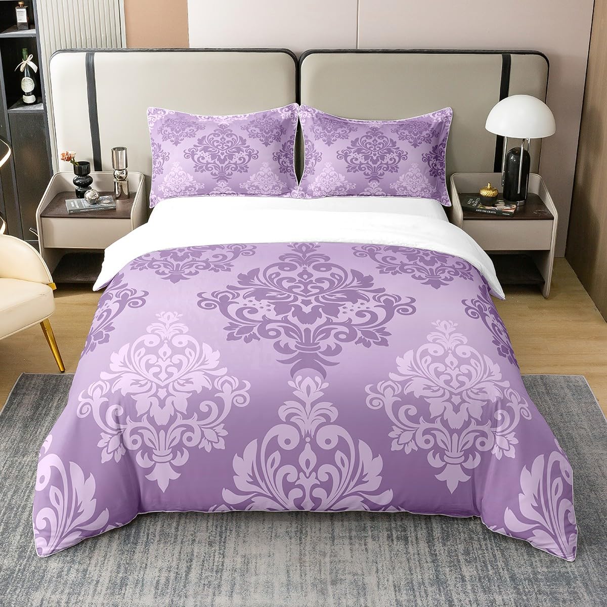 Homewish Royal Damask King Size Duvet Cover Sets, Victorian Baroque Bedding Set, Boho Abstract Flowers Comforter Cover for Teens Girls Women, Victorian Purple Bedding & Linen, 100% Cotton