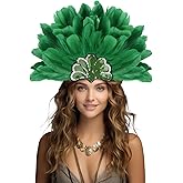 JPXH Feather Headdress Crown with Plumes, Silver Sequined Tiara Design, Showgirl Carnival Costume Headpiece