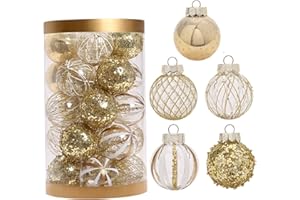 25Pcs 2.4 Inch Shatterproof Christmas Tree Balls with Delicate & Glittering Pattern Hanging Xmas Baubles Decor White & Gold, 