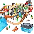 WoodenEdu 100Pcs Wooden Train Set for 3 Year Old Boys, Double-Side Train Set Tracks with Bridge Train Station & Storage Box, Fits Brio, Thomas, Melissa and Doug, Kids Gift Toys for Boy 3-7 (100pcs)