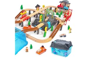 WoodenEdu 100Pcs Wooden Train Set for 3 Year Old Boys, Double-Side Train Set Tracks with Bridge Train Station & Storage Box, Fits Brio, Thomas, Melissa and Doug, Kids Gift Toys for Boy 3-7 (100pcs)