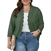 OLRIK Plus Size Cardigan for Women 3/4 Sleeve Lightweight Casual Open-Front Ribbed Wave Edges Knit Cropped Shrugs Sweaters