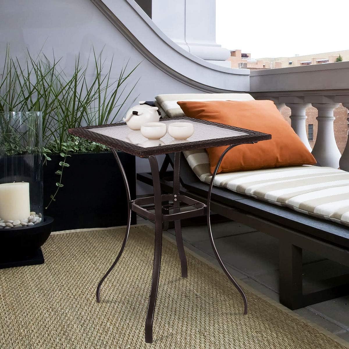 TANGKULA Patio Table Outdoor Garden Balcony Poolside Lawn Glass Top Steel Frame All Weather Dining Bistro Table (Mix Brown Square 28.5"): Kitchen & Dining