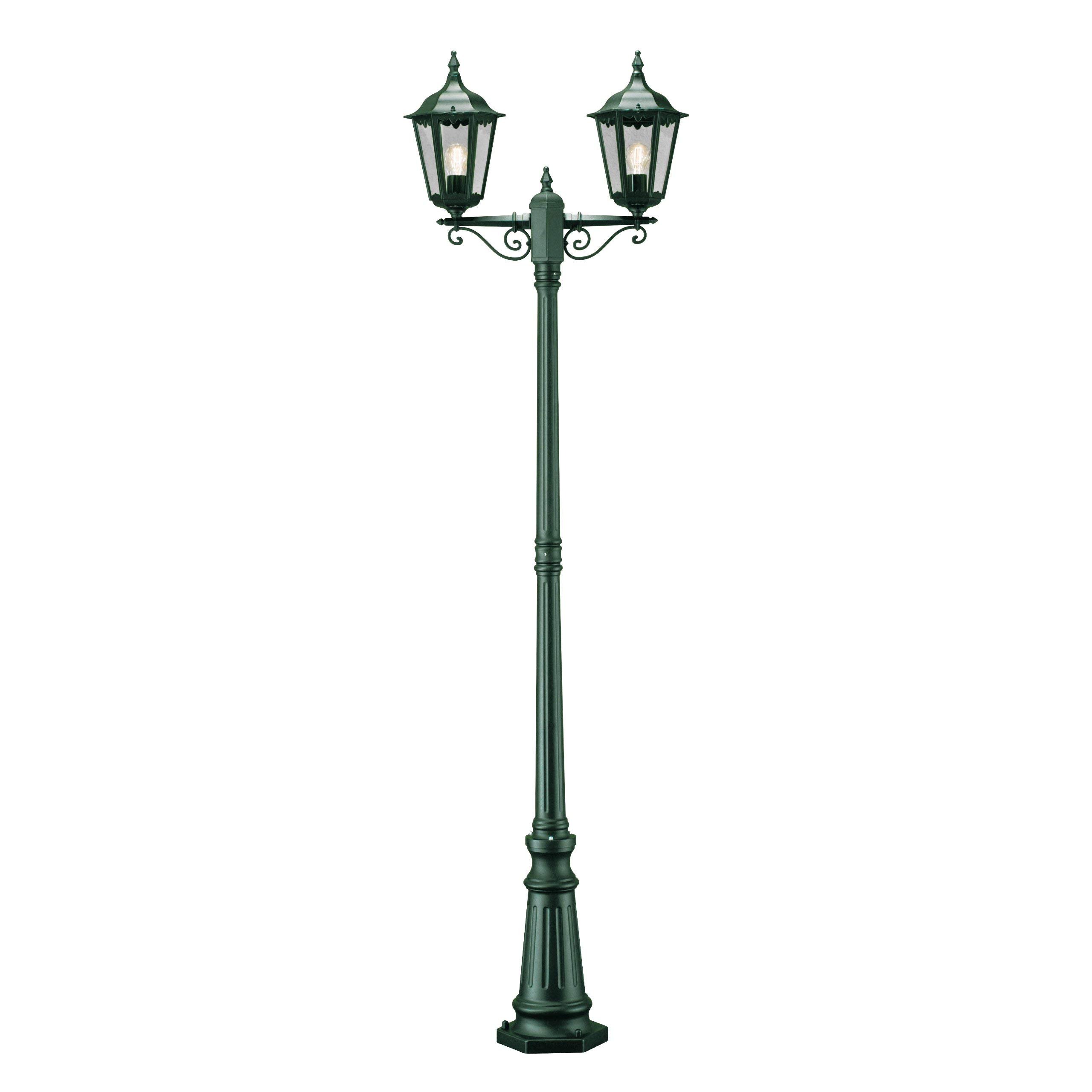 Konstsmide Firenze Double Head Column Outdoor Light / 2.2m High / 2 x 100 W E27 Max Lamp Post / Clear Glass / Aluminium / IP43 / Outside Light Green