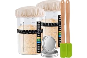 Tyniaide Sourdough Starter Jar, 1000ML/35Oz 2 Pack Sourdough Starter Kits with Thermometer Strip, Silicone Scraper, Cloth Cover, Aluminum Lid and Feeding Band, Sourdough Bread Baking