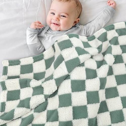 HOMRITAR Checkered Baby Blanket for Boys Sage Green Soft Fluffy
