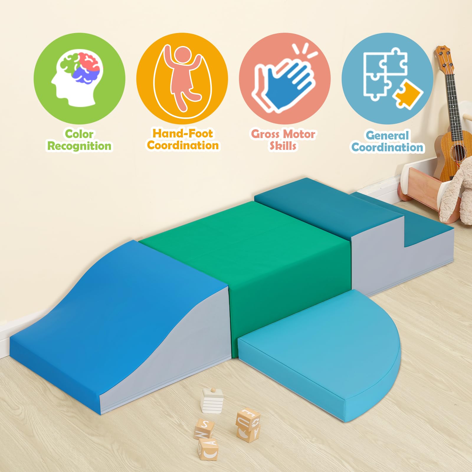 4-Pieces Climbing Toys for Toddlers: PU Leather - Soft Play Climbing for Toddlers - Foam Climbing Blocks for Crawling and Sliding Indoor Playground for Kids