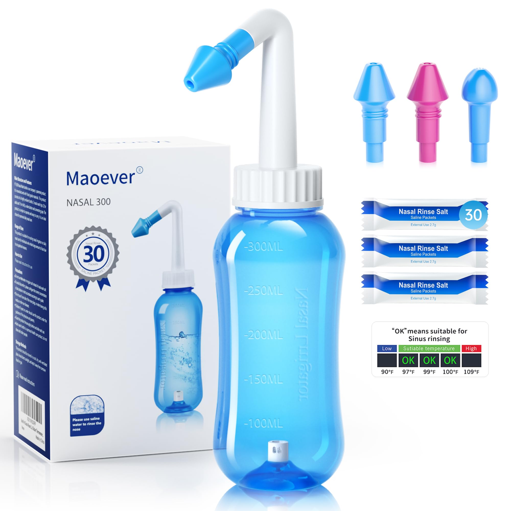 MAOEVER Neti Pot Sinus Rinse Bottle Nose Wash Cleaner Pressure Rinse Nasal Irrigation for Adult & Kid BPA Free 300 ML with 30 Nasal Wash Salt Packets and Sticker Thermometer(Blue)