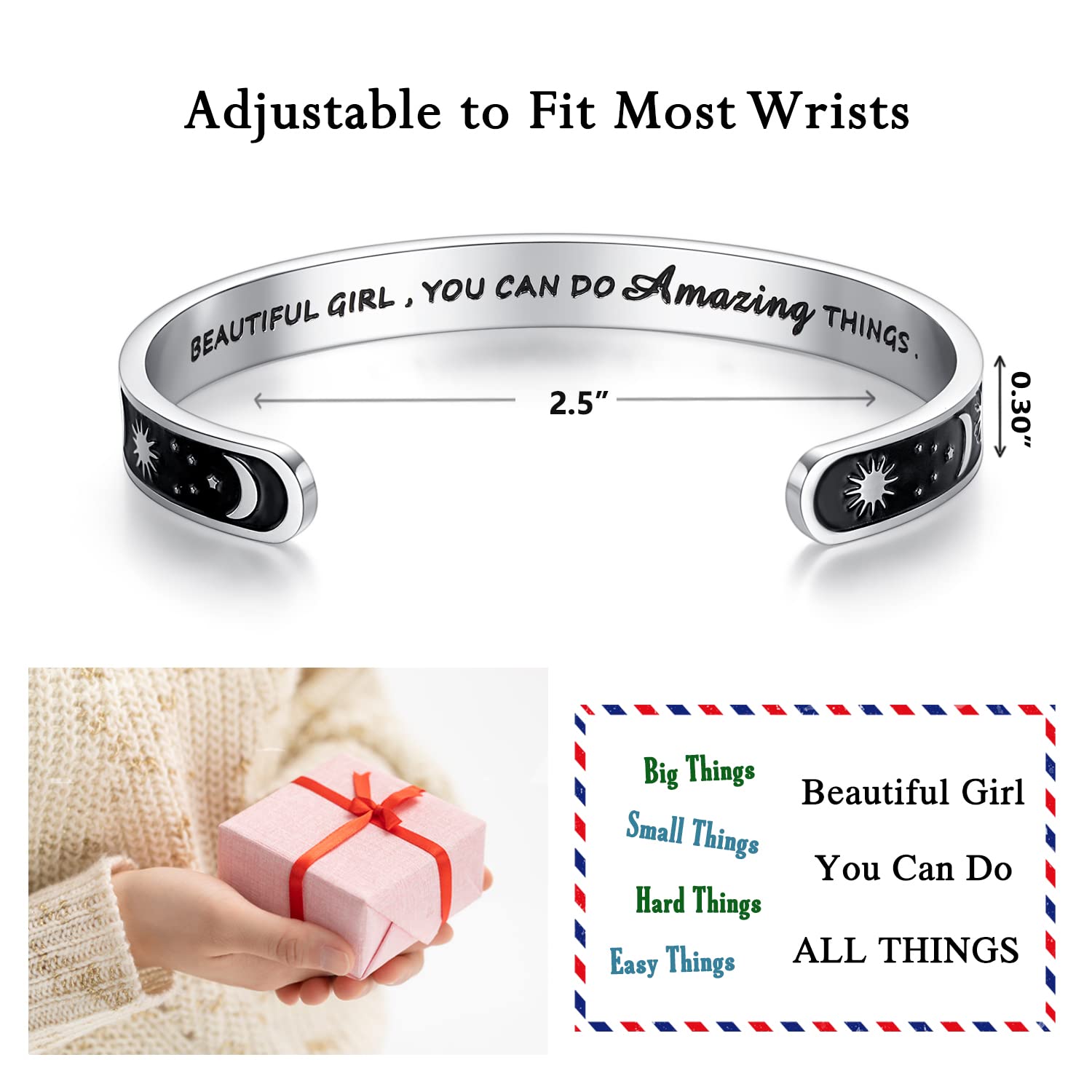 TONY & SANDY Inspirational Bracelets for Women Teen Girls Personalized Gifts for Daughter Granddaughter Mom Sister Friends Stainless Steel Engraved Cuff Birthday Easter Christmas