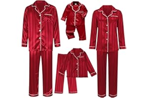 CGGMVCG Silk Matching Christmas Pajamas for Family Striped Button Down Shirt and Pants Silky Satin Xmas Pjs Sets for Pictures