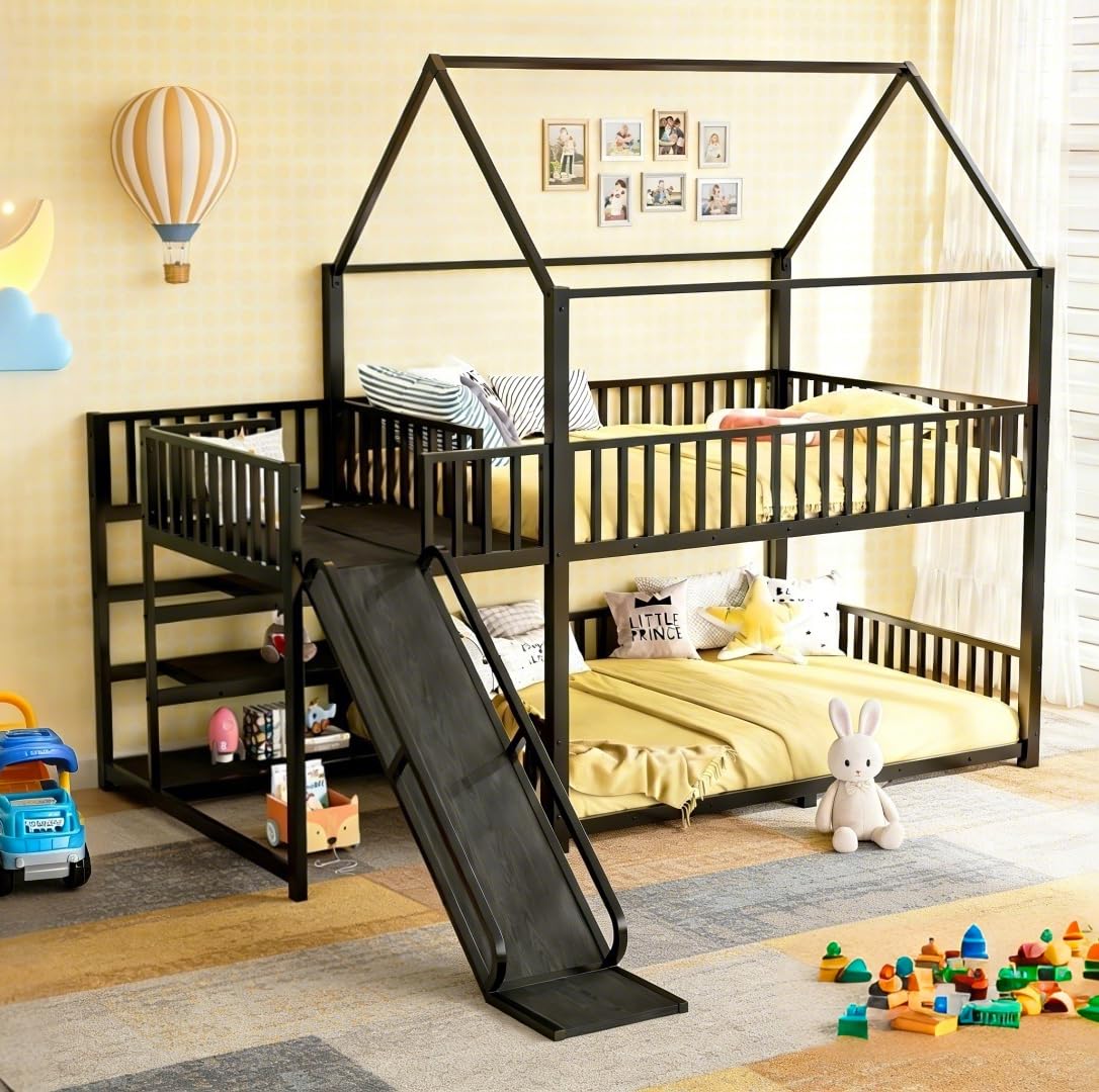 Photo 1 of ***UPDATED 4/24***
Bellemave Full Over Full Metal House Bunk Bed with Storage Stairs and Slide, Heavy Duty House Floor Bunk Bed with Safety Rails and Roof, for Kids,Boys,Girls, Space Saving, Easy Assembly, Black